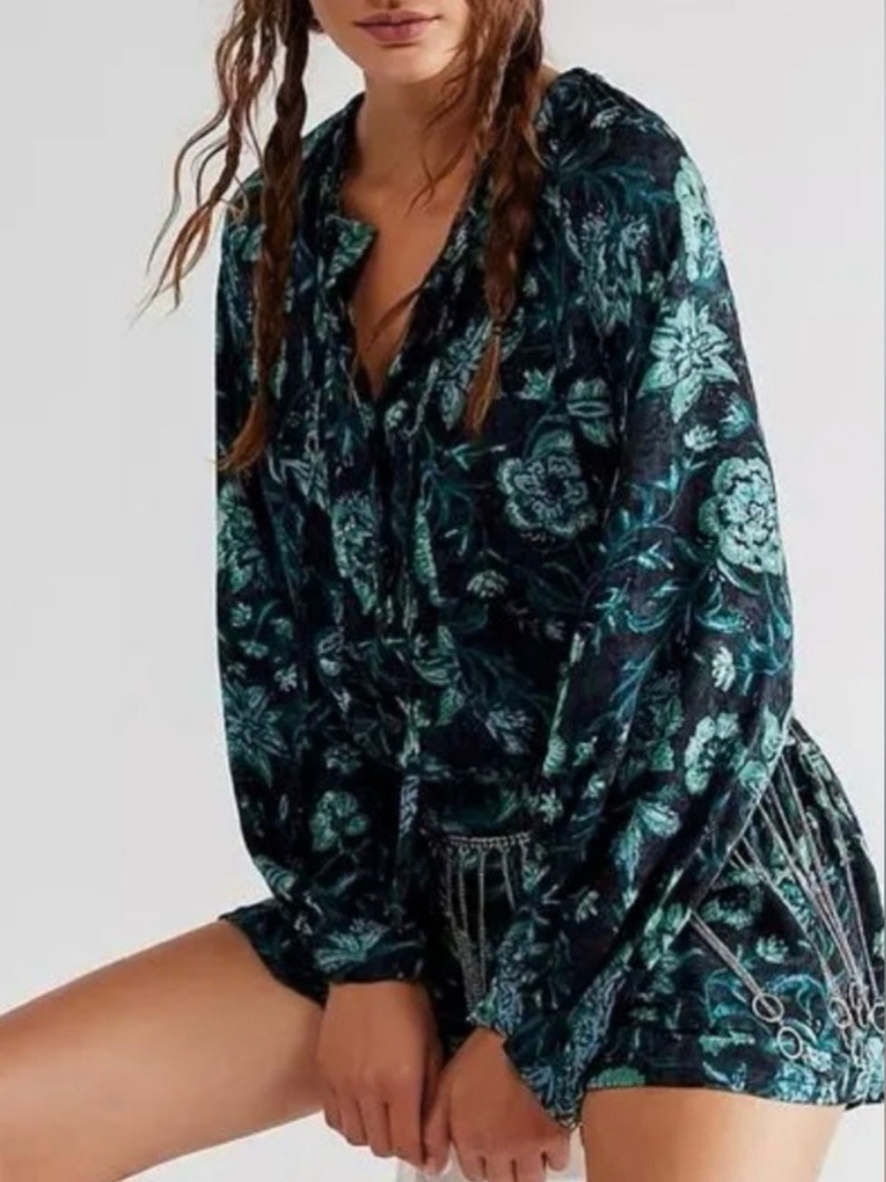 FREE PEOPLE Women’s Dance 'Til Dawn Romper Medium Green Black Floral Boho Party